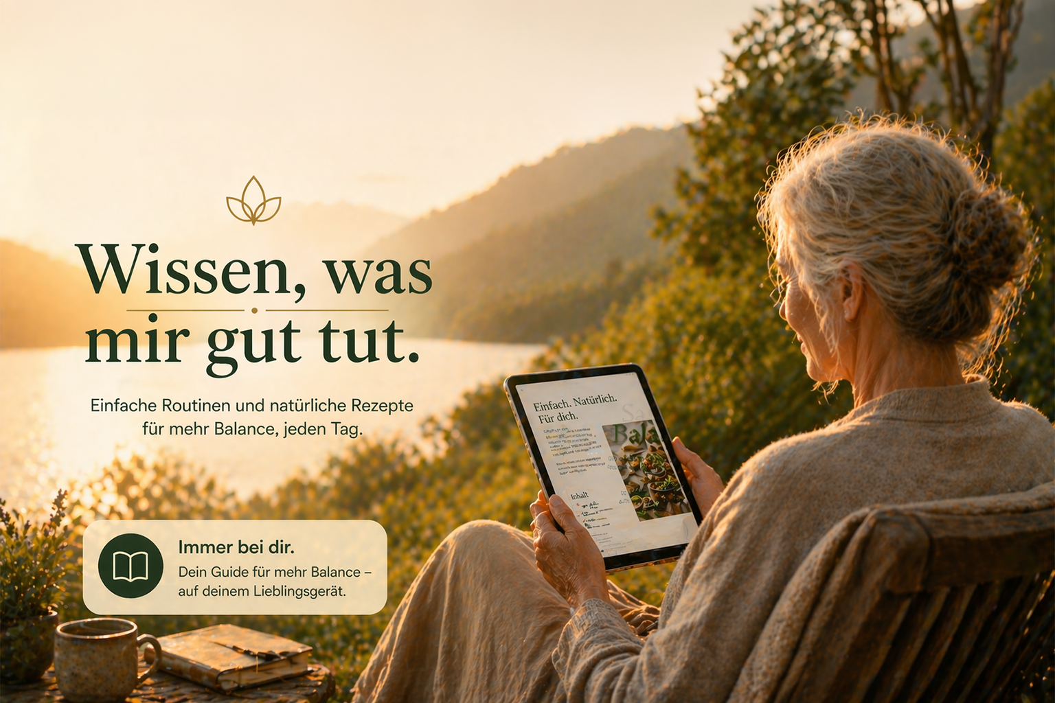 Frau liest Sanfte Balance auf dem Tablet in der Natur